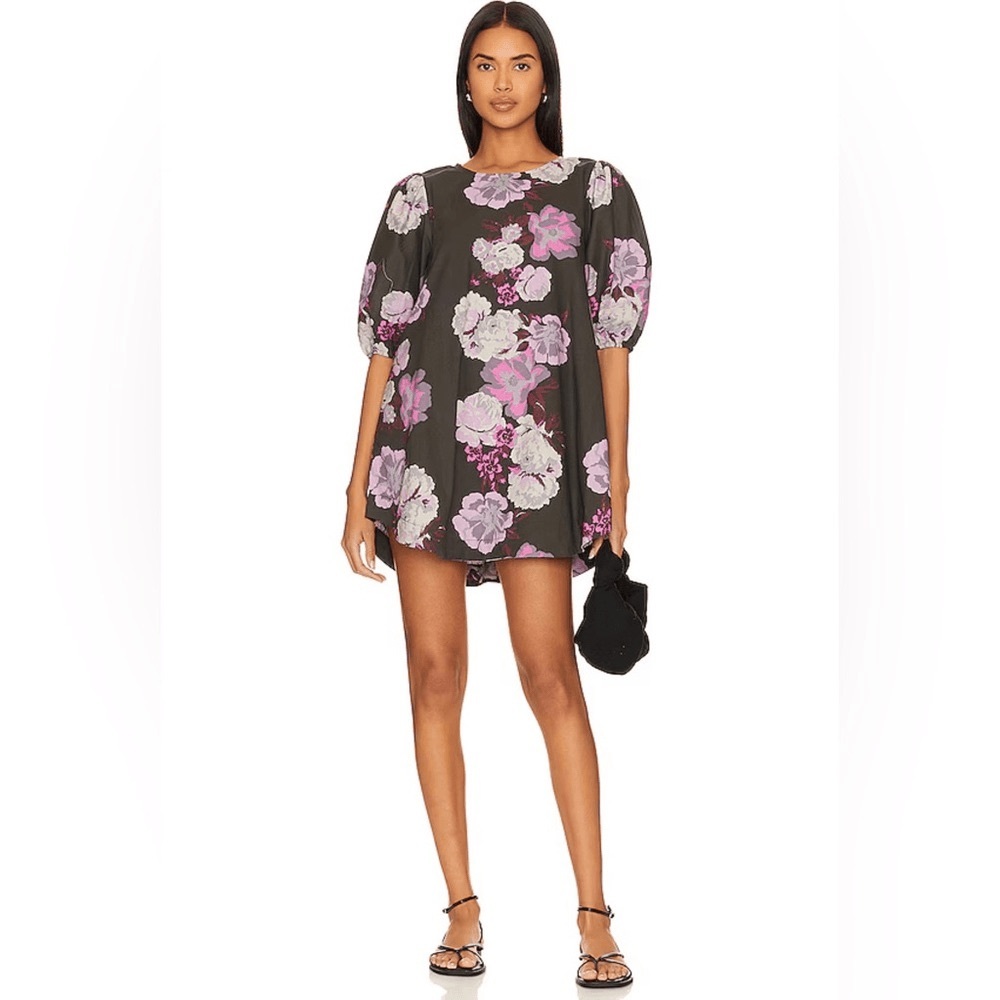 Free People Black Mini Dress with Pink & Lavender Floral Print